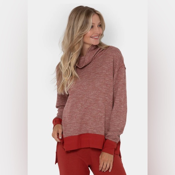 Peace Love World Sweaters - Peace Love World Birdseye Two-Tone Heather Rose Red Cowl Neck Pullover Small